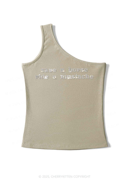 Rhinestone Ride A Mustache Y2K One Shoulder Tank Top Cherrykitten