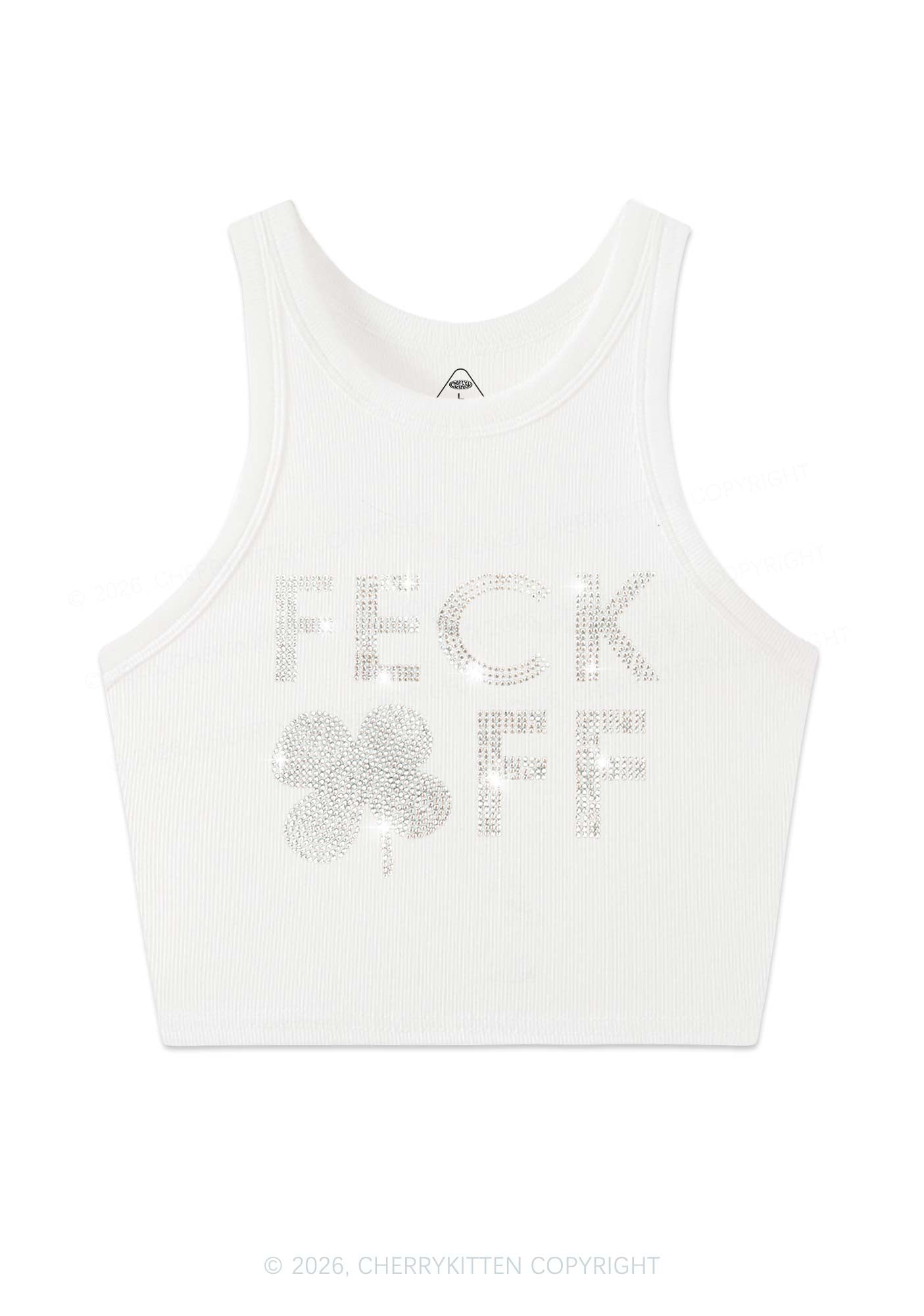 Rhinestone Feck Off St Patricks Y2K Crop Tank Top Cherrykitten
