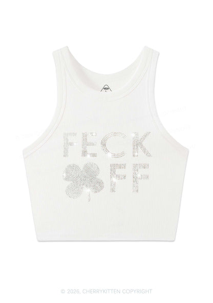 Rhinestone Feck Off St Patricks Y2K Crop Tank Top Cherrykitten