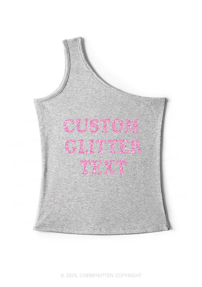 Custom Text Glitter Y2K One Shoulder Tank Top Cherrykitten