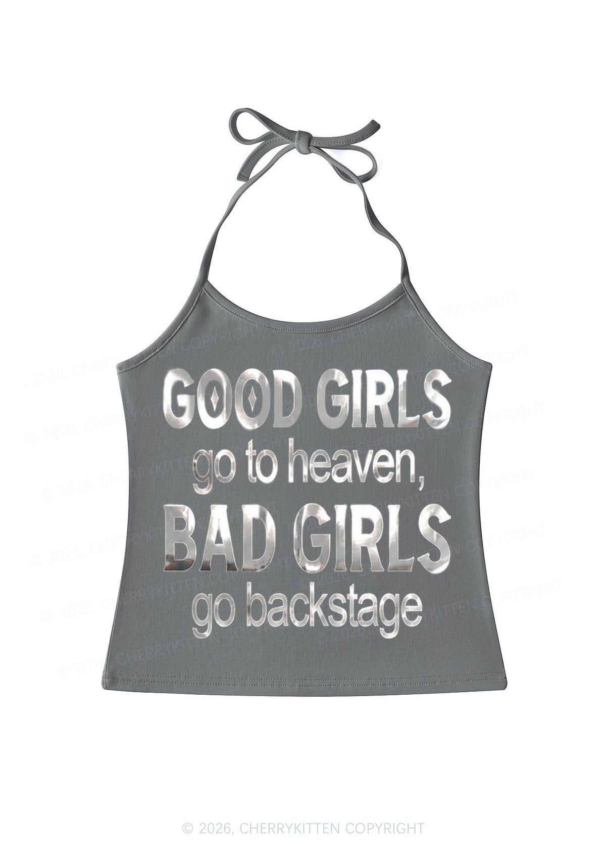 Bad Girls Go Backstage Silver Foil Printed Y2K Halter Neck Cami Cherrykitten