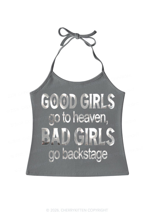 Bad Girls Go Backstage Silver Foil Printed Y2K Halter Neck Cami Cherrykitten