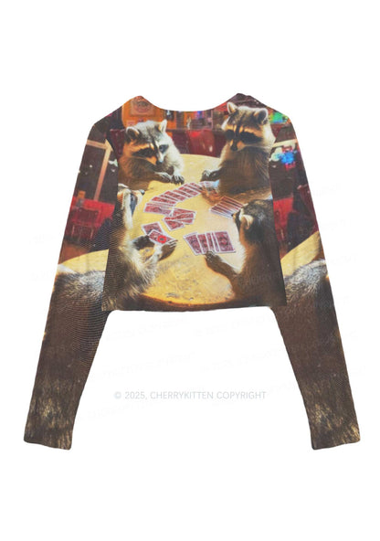 Raccoon Poker Y2K Mesh Long Sleeve Crop Top Cherrykitten