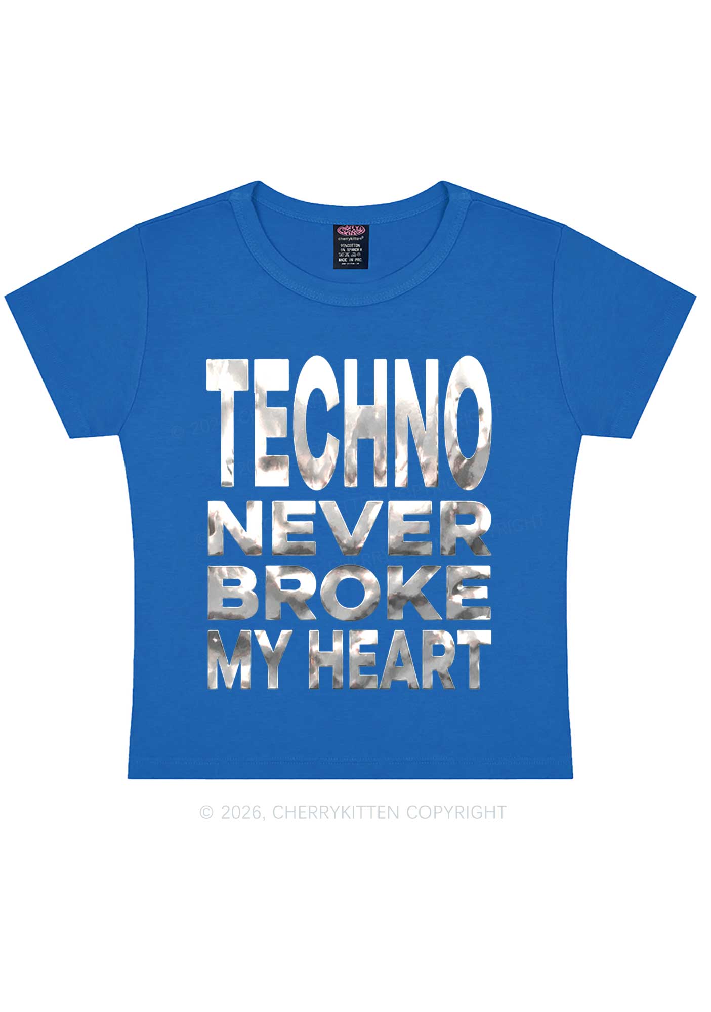 Techno Broke Heart Silver Foil Printed Y2K Baby Tee Cherrykitten