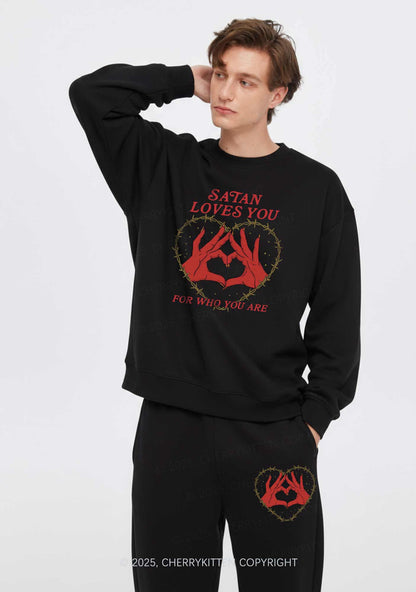 Halloween Satan Loves You Heart Y2K Fleece Sweatshirts Set Cherrykitten