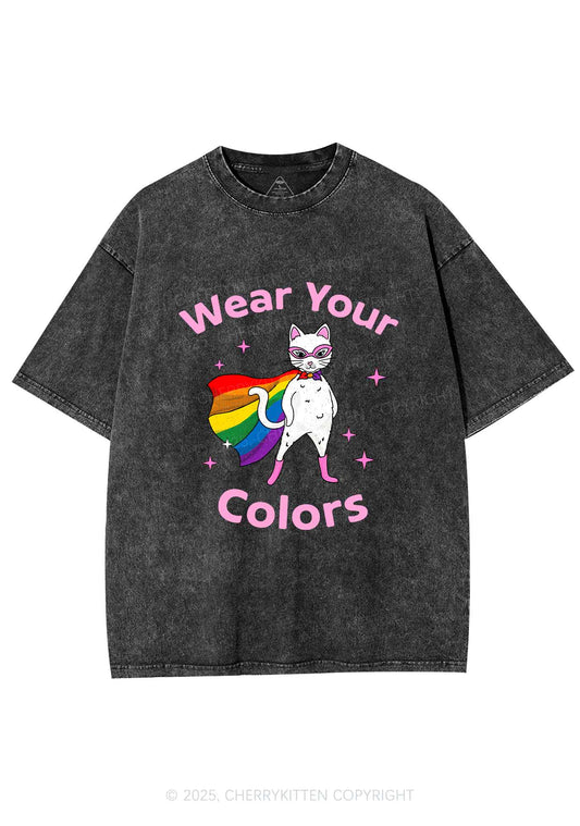 Pride Flag Cat Y2K Shirts Washed Tee Cherrykitten