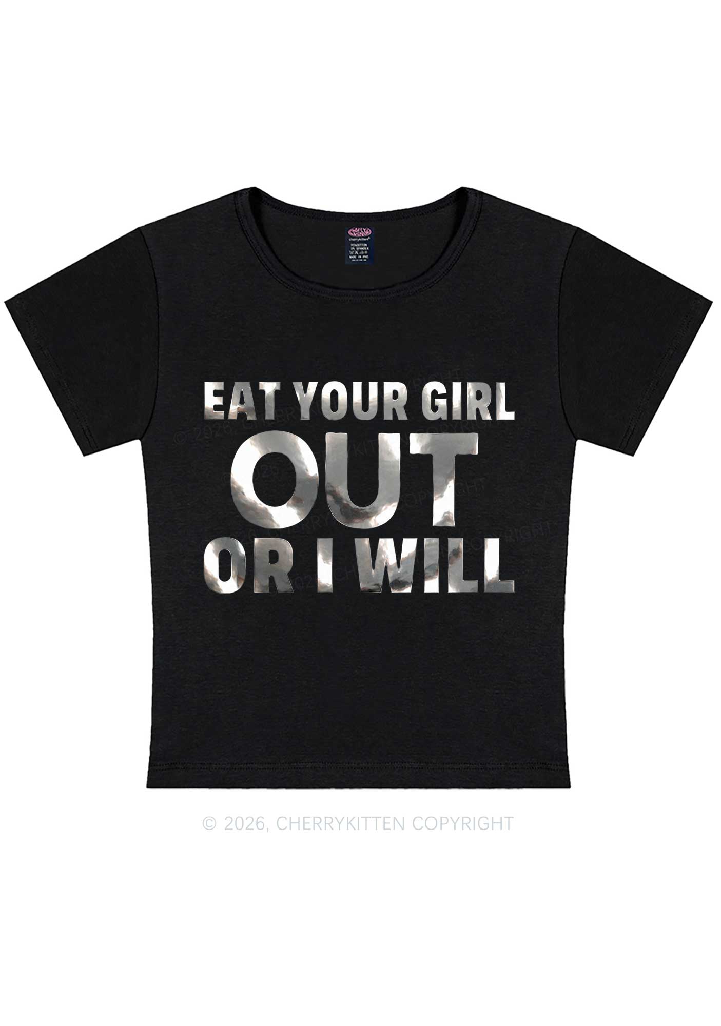 Eat Your Girl Out Silver Foil Printed Y2K Baby Tee Cherrykitten