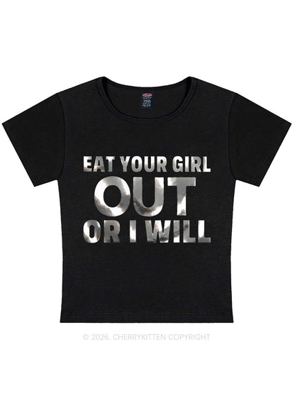 Eat Your Girl Out Silver Foil Printed Y2K Baby Tee Cherrykitten
