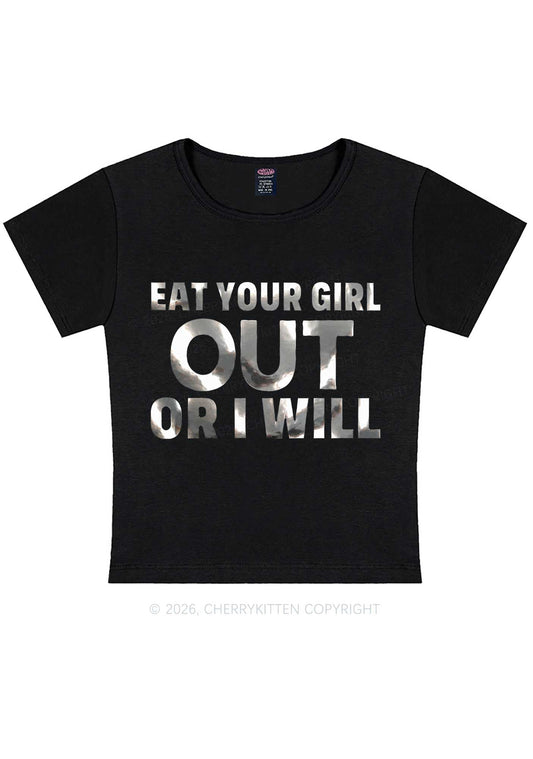 Eat Your Girl Out Silver Foil Printed Y2K Baby Tee Cherrykitten