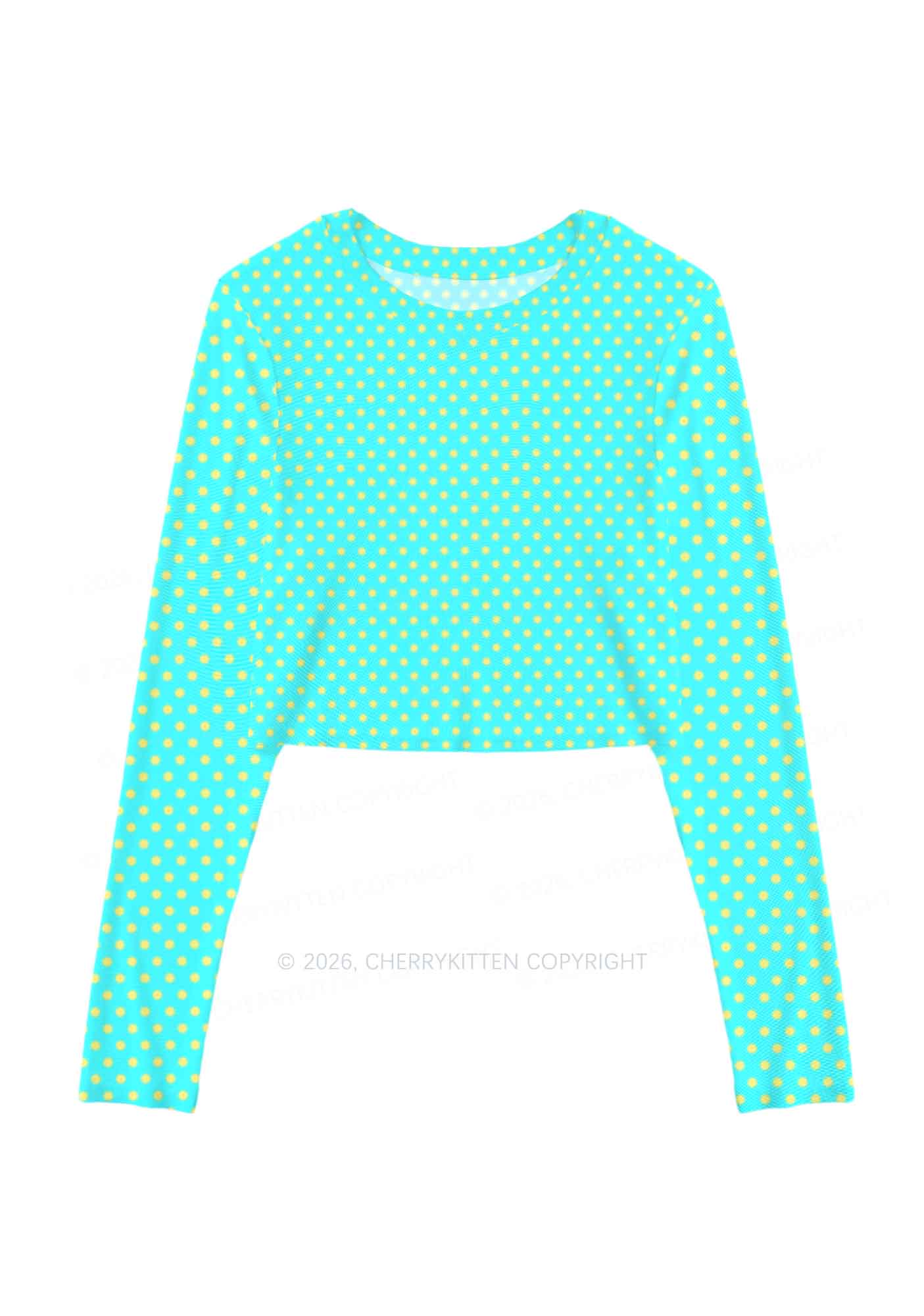 Yellow Dots On Green Y2K Mesh Long Sleeve Crop Top Cherrykitten