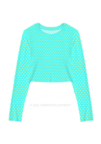 Yellow Dots On Green Y2K Mesh Long Sleeve Crop Top Cherrykitten