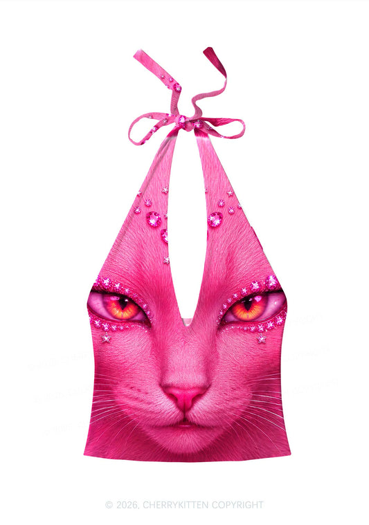 Pink Eyeshadow Cat Y2K Print Halter Deep V Neck Cami Cherrykitten