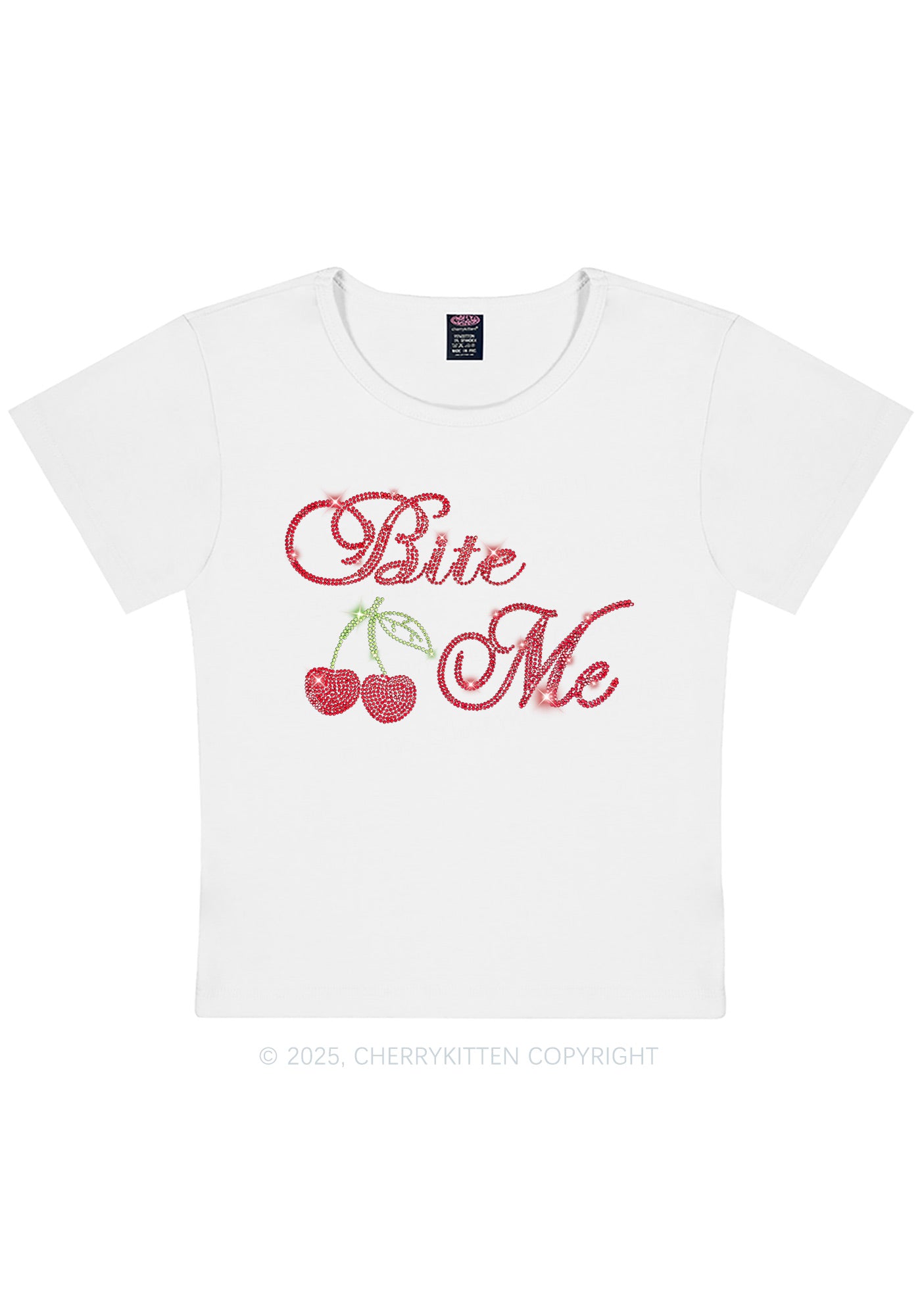 Curvy Rhinestone Red Cherry Bite Me Y2K Baby Tee Cherrykitten