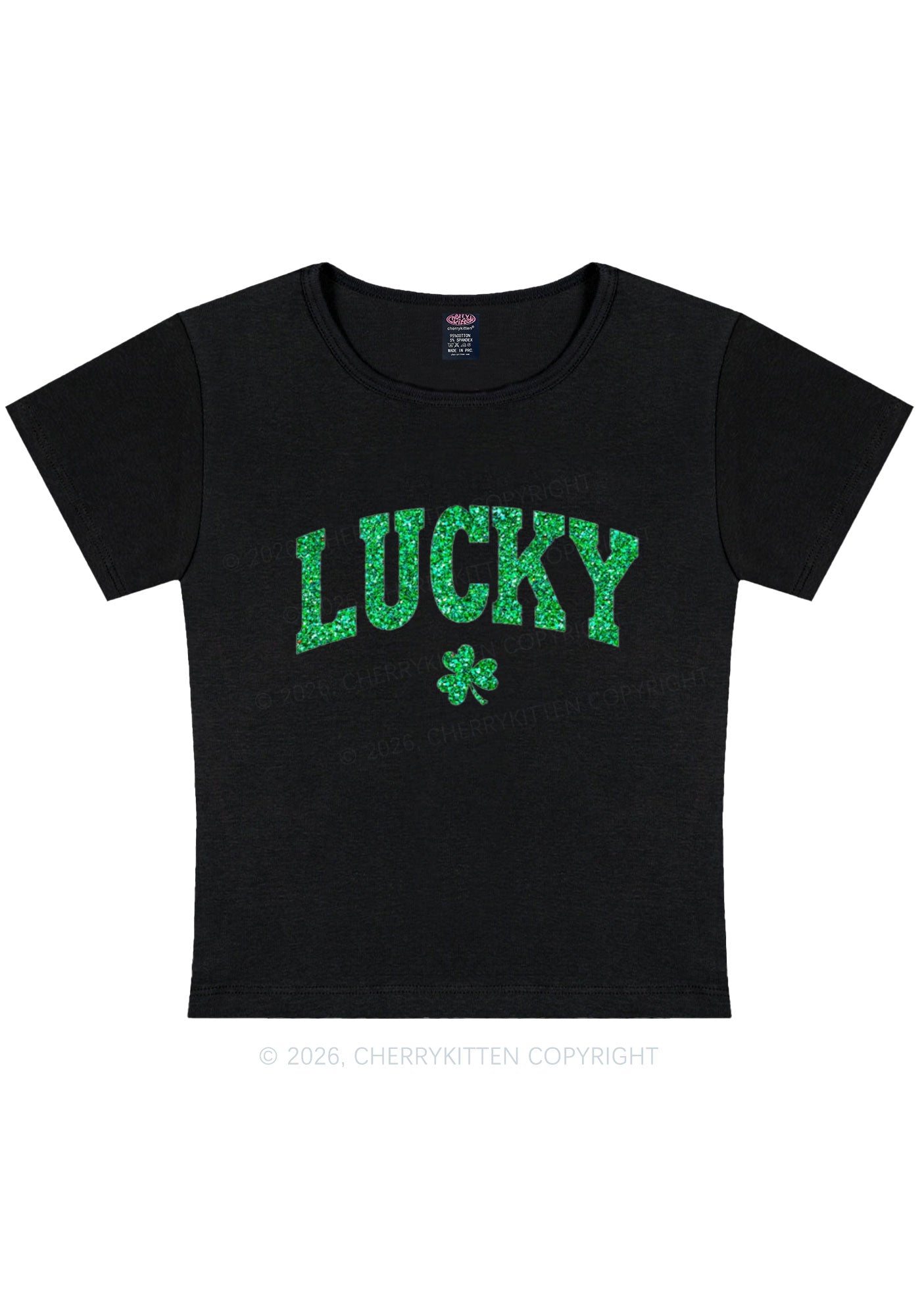 Glitter Lucky Shamrock St Patricks Y2K Baby Tee Cherrykitten