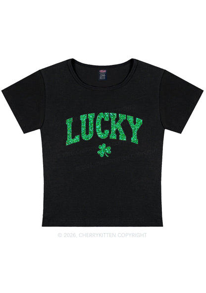 Glitter Lucky Shamrock St Patricks Y2K Baby Tee Cherrykitten