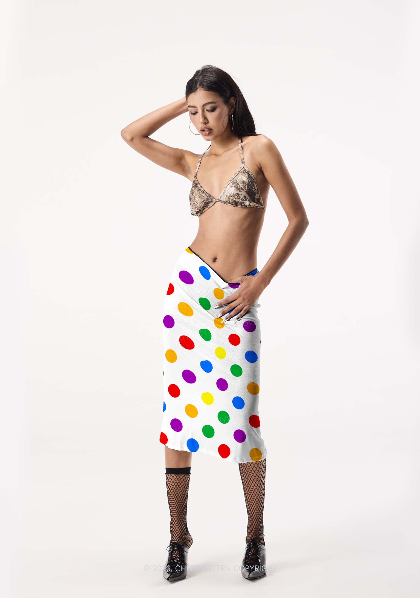 Rainbow Dots On White Pride Y2K Print Midi Skirt Cherrykitten