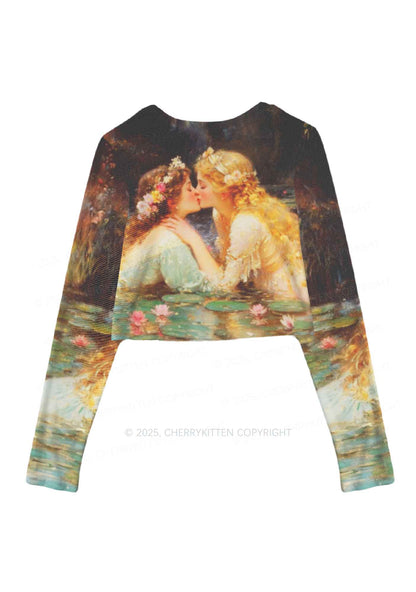 Romantic Kissing Girls Pride Y2K Mesh Long Sleeve Crop Top Cherrykitten