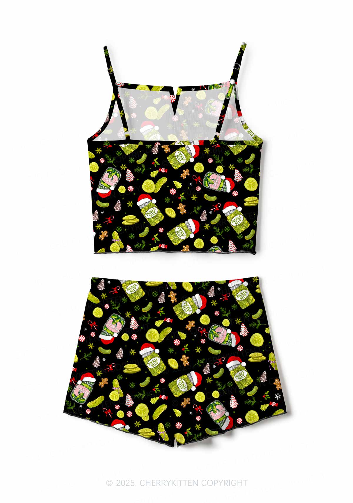 Christmas Black Santa Hat Pickle Y2K Print Cami Shorts Pajama Set Cherrykitten