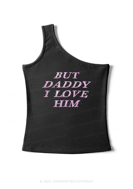 Rhinestone But Daddy I Love Him Y2K One Shoulder Tank Top Cherrykitten
