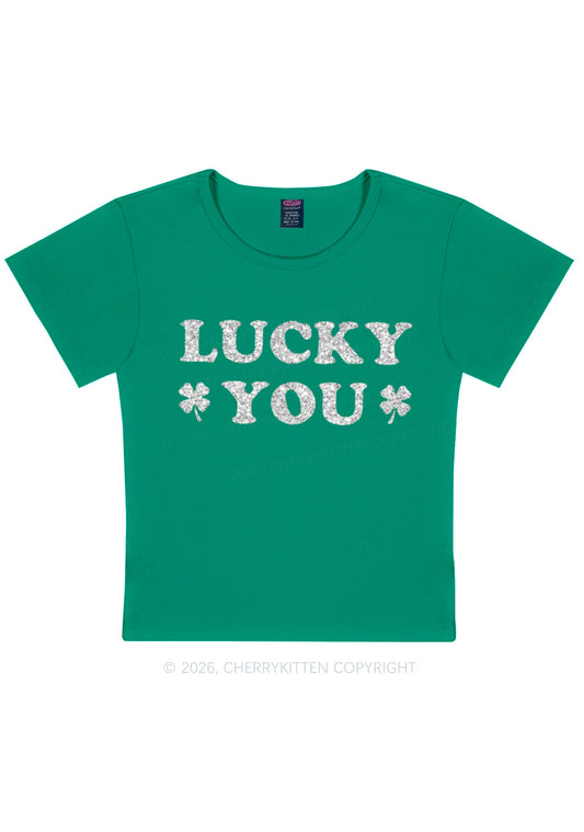 Glitter Lucky Green St Patricks Y2K Baby Tee Cherrykitten