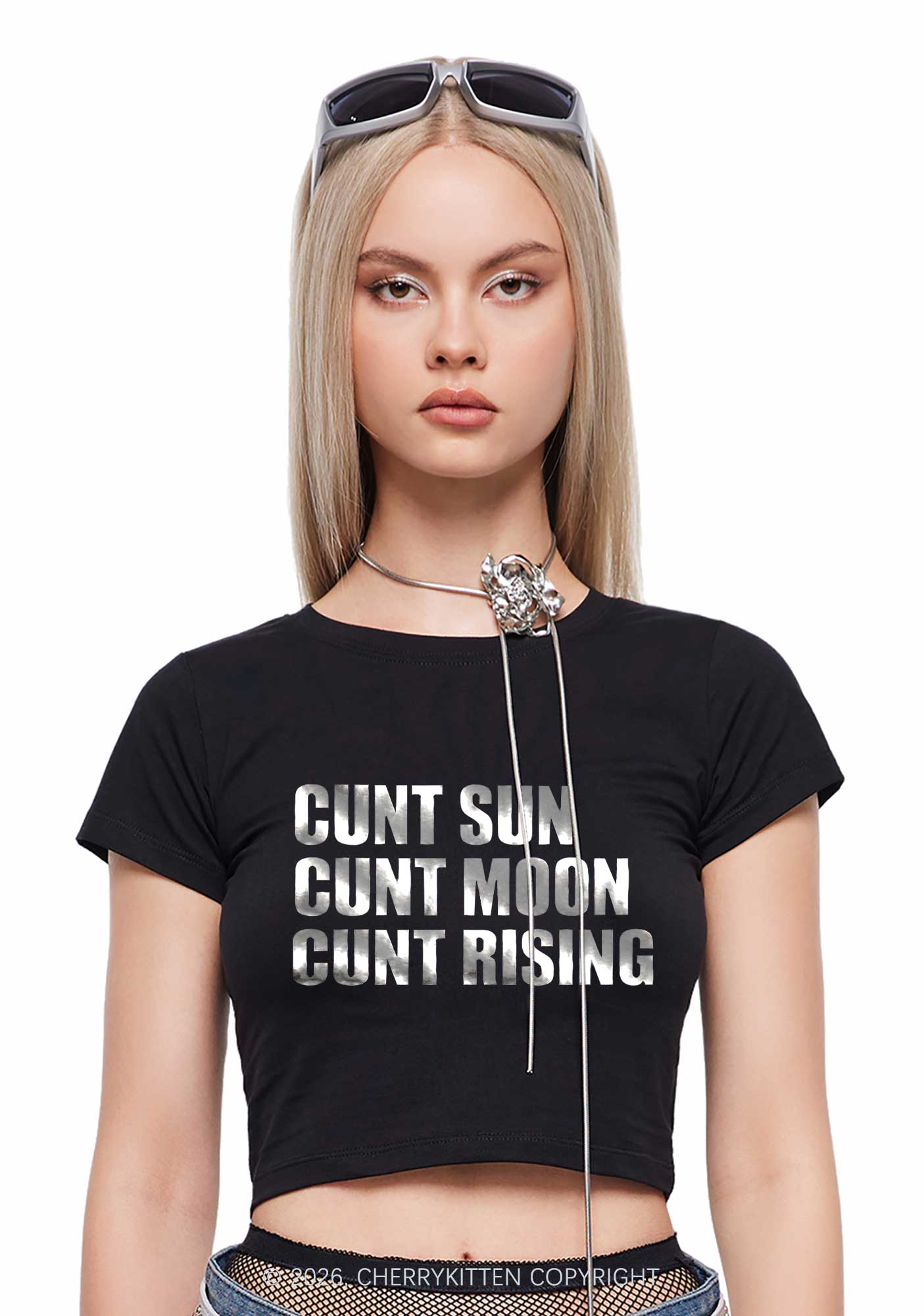 Cxxt Sun Moon Rising Silver Foil Printed Y2K Baby Tee Cherrykitten