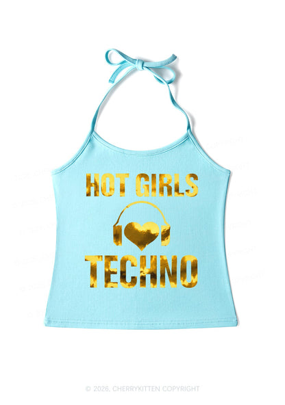 Hot Girls Love Techno Silver Foil Printed Y2K Halter Neck Cami Cherrykitten