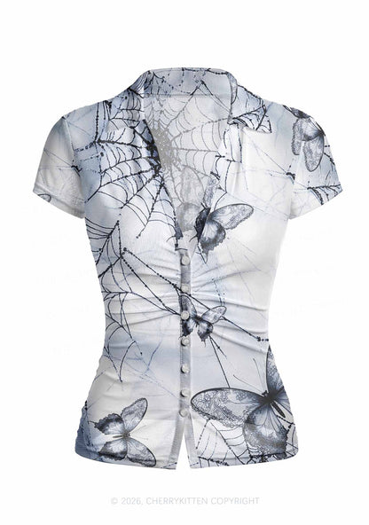 Web And Butterflies Y2K Mesh Ruched  Waist  V Neck Top Cherrykitten