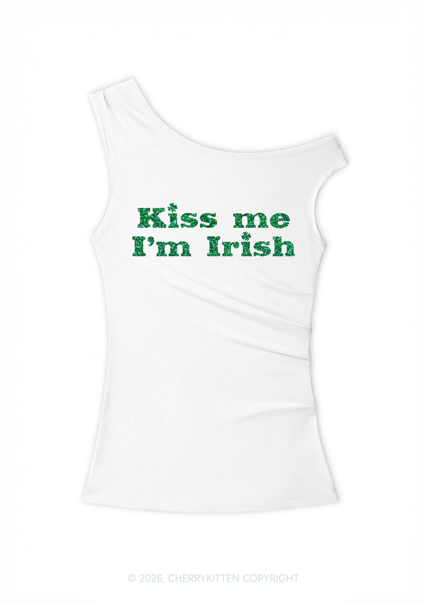 Glitter Kiss Me St Patricks Y2K Off Shoulder Tank Top Cherrykitten