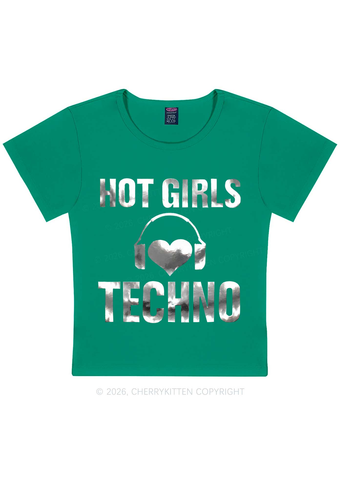 Hot Girls Love Techno Silver Foil Printed Y2K Baby Tee Cherrykitten