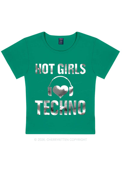 Hot Girls Love Techno Silver Foil Printed Y2K Baby Tee Cherrykitten