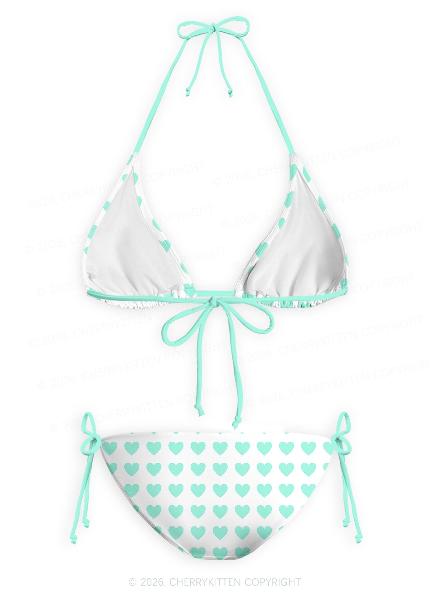 Mint Green Heart On White Y2K Print Bikini Set Cherrykitten