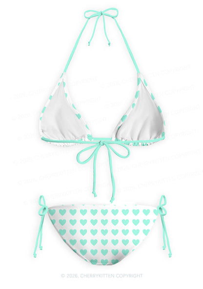 Mint Green Heart On White Y2K Print Bikini Set Cherrykitten