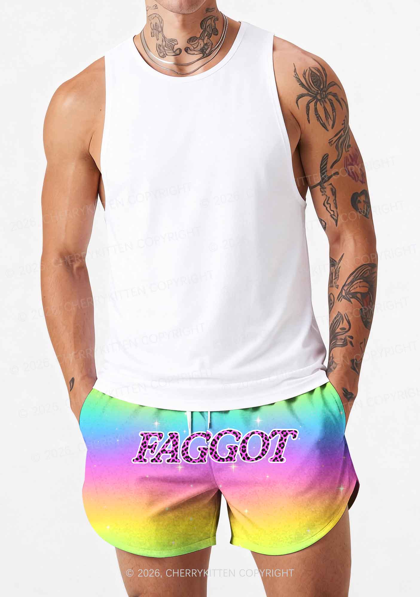 Rainbow Faggot Pride Y2K Print Men Beach Shorts Cherrykitten