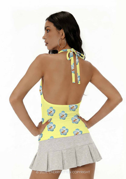 Pale Yellow Hibiscus Y2K Print Halter Deep V Neck Cami Cherrykitten