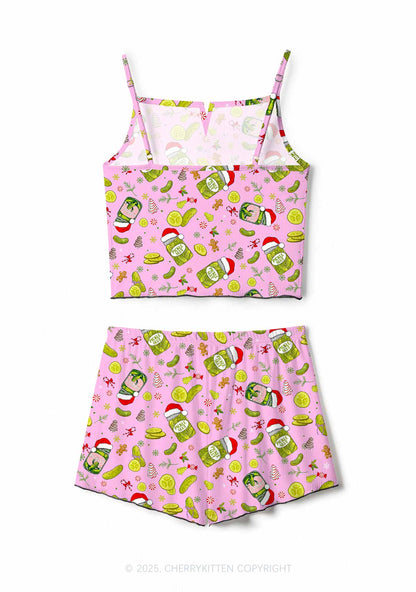 Christmas Santa Hat Pickle Y2K Print Cami Shorts Pajama Set Cherrykitten