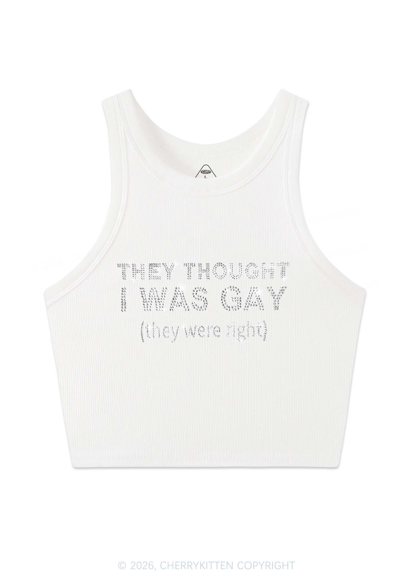 Rhinestone They Thought I Was Gay Pride Y2K Crop Tank Top Cherrykitten