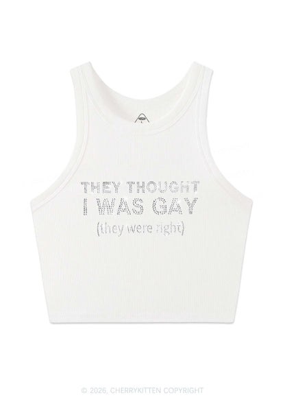 Rhinestone They Thought I Was Gay Pride Y2K Crop Tank Top Cherrykitten