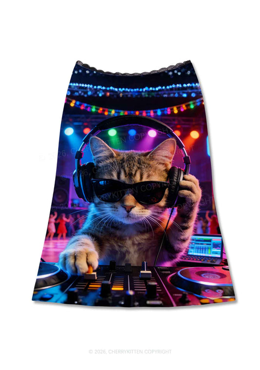 DJ Cat Rave Y2K Print Midi Skirt Cherrykitten