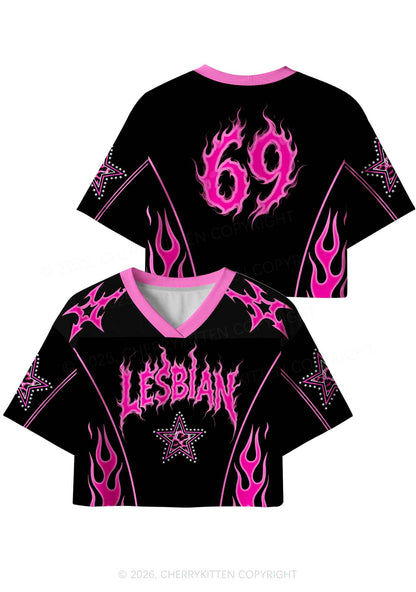 Hot Pink Flame Lesbian Pride Y2K Crop Sport Jersey Shirts Cherrykitten