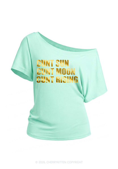 Cxxt Sun Moon Rising Silver Foil Printed Y2K Off Shoulder Tee Cherrykitten