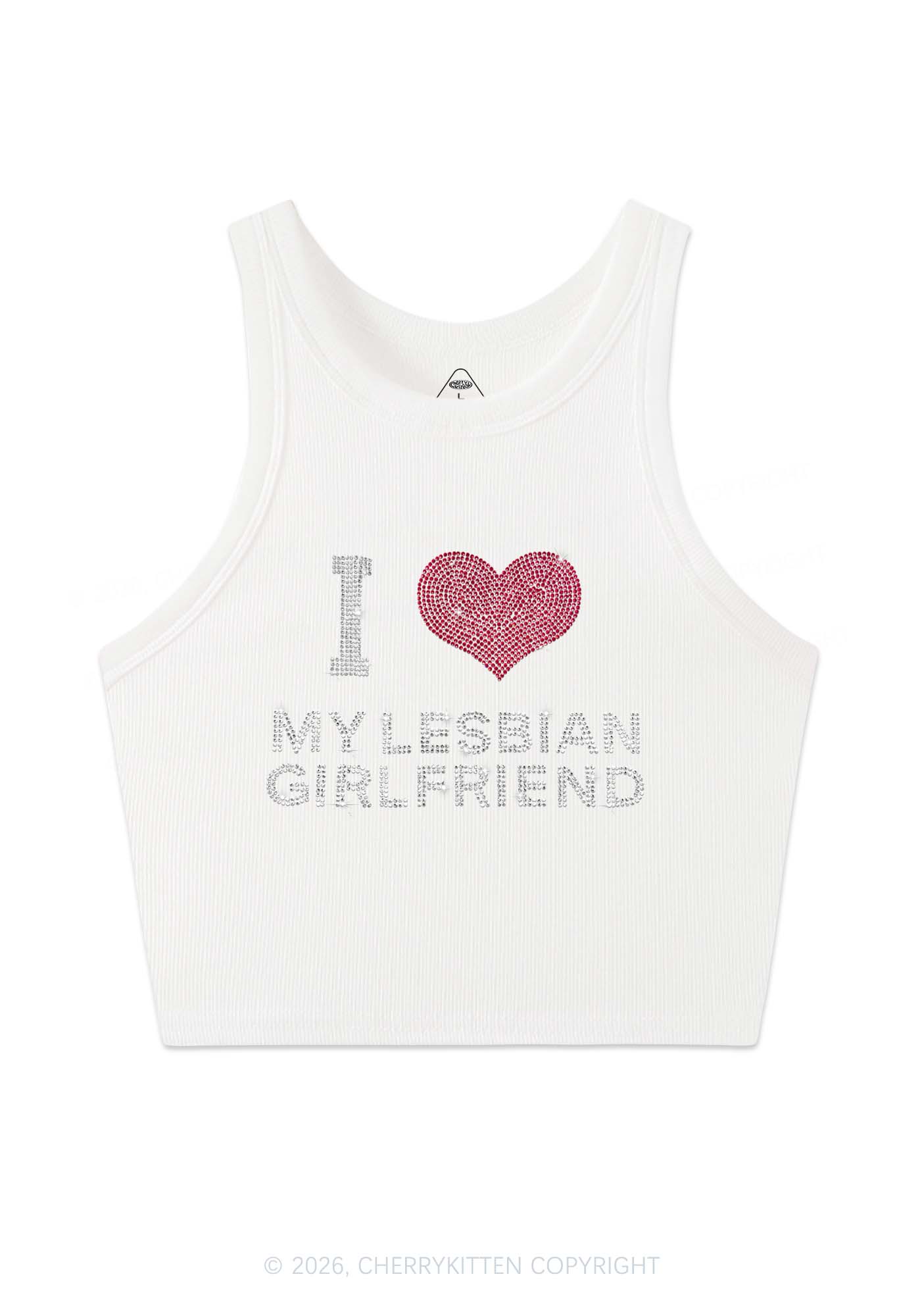 Rhinestone I Love My Lesbian GF Pride Y2K Crop Tank Top Cherrykitten