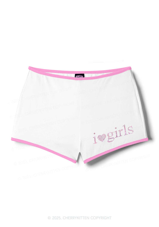 Rhinestone Pink I Love Girls Y2K Booty Shorts Cherrykitten