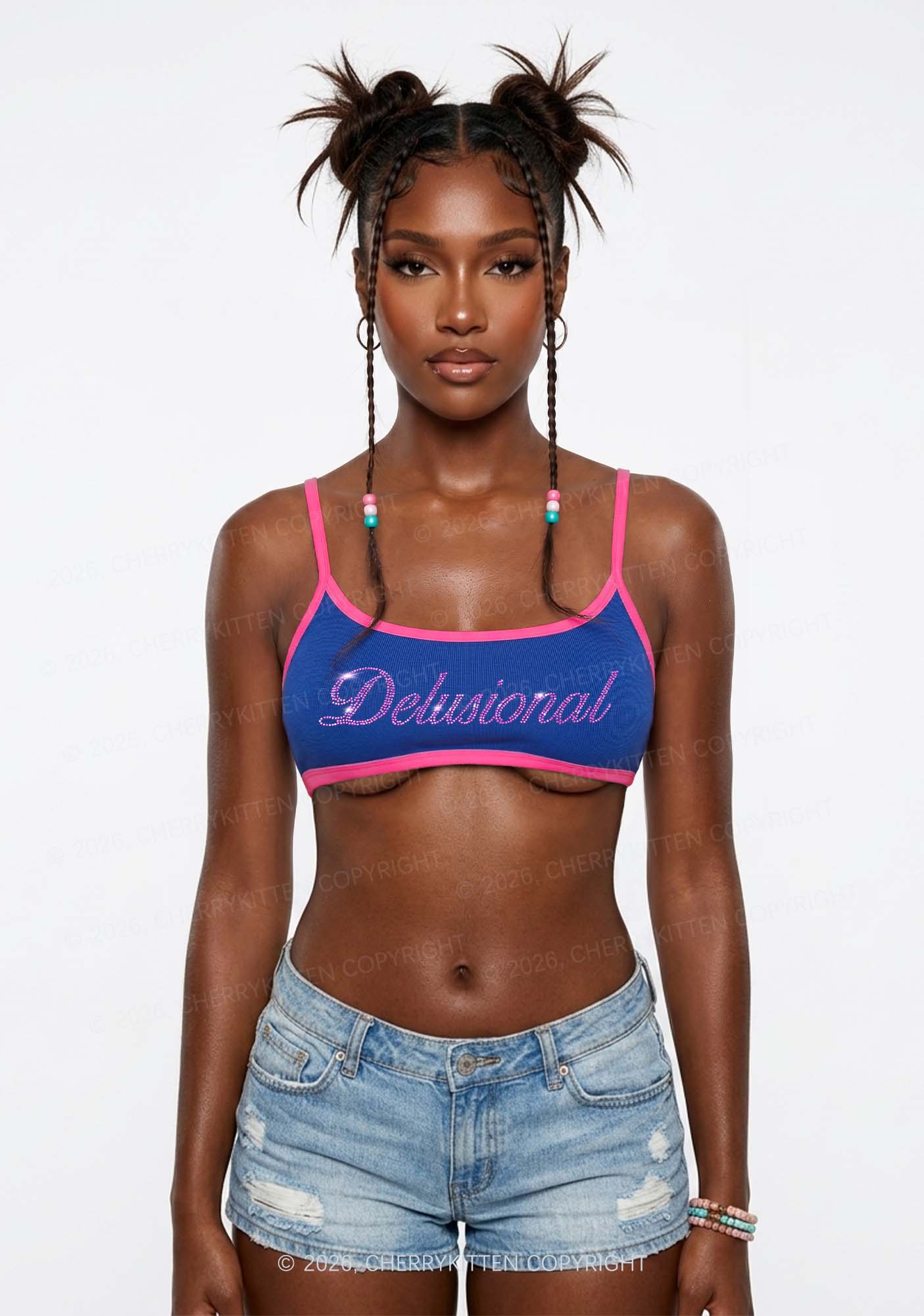 Rhinestone Delusional Y2K Super Crop Cami Cherrykitten