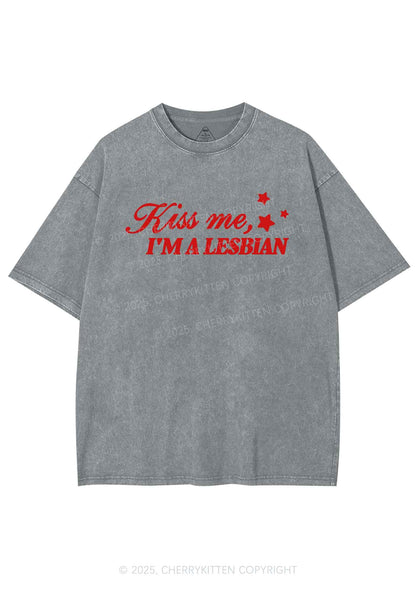 Kiss Me Im Lesbian Pride Y2K Shirts Washed Tee Cherrykitten