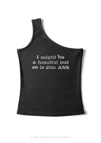 Rhinestone I Might Be Handful Y2K One Shoulder Tank Top Cherrykitten