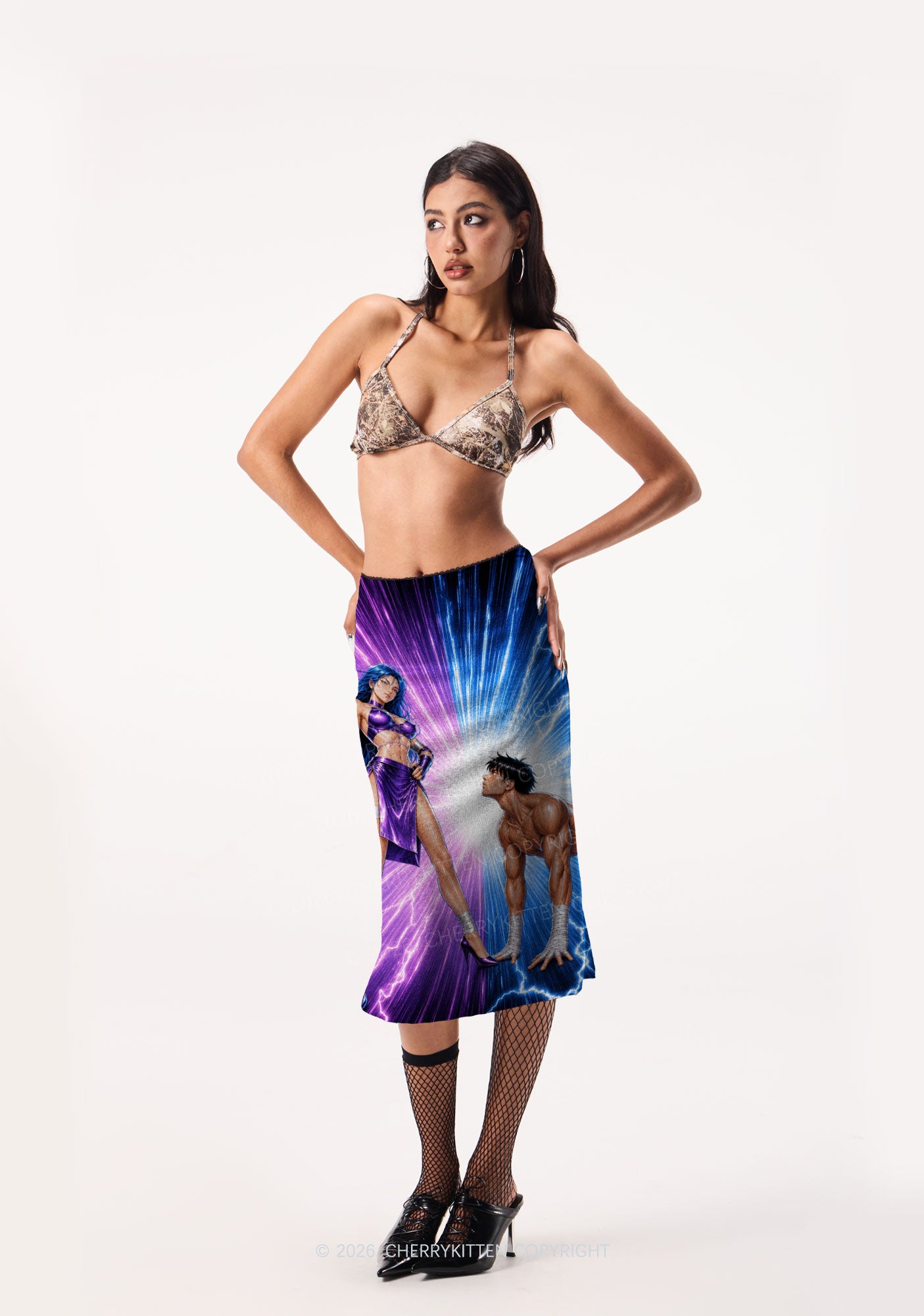 Purple Lightning S Male Y2K Print Midi Skirt Cherrykitten