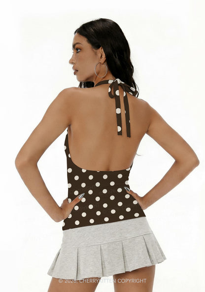 White Dots On Dark Brown Y2K Print Halter Deep V Neck Cami Cherrykitten