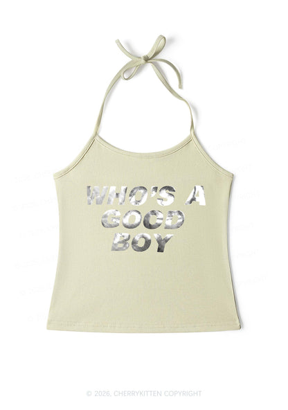 Whos A Good Boy Silver Foil Printed Y2K Halter Neck Cami Cherrykitten