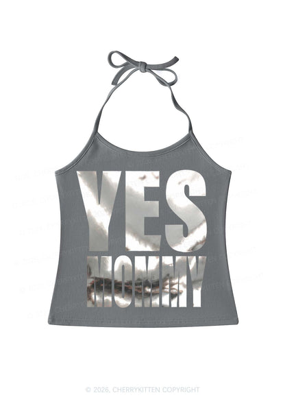 Yes Mommy Silver Foil Printed Y2K Halter Neck Cami Cherrykitten