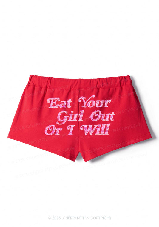 Rhinestone Eat Your Girl Out Y2K Drawstring Mini Shorts Cherrykitten
